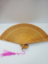 VINTAGE CARVED FILIGREE WOOD FOLDING HAND FAN JAPANESE SCENTED 8  ORIGINAL BOX