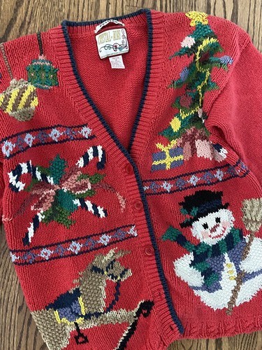 Vtg Over The Top Crazy Busy Ugly Christmas Snowman Cardigan Petite Sweater M