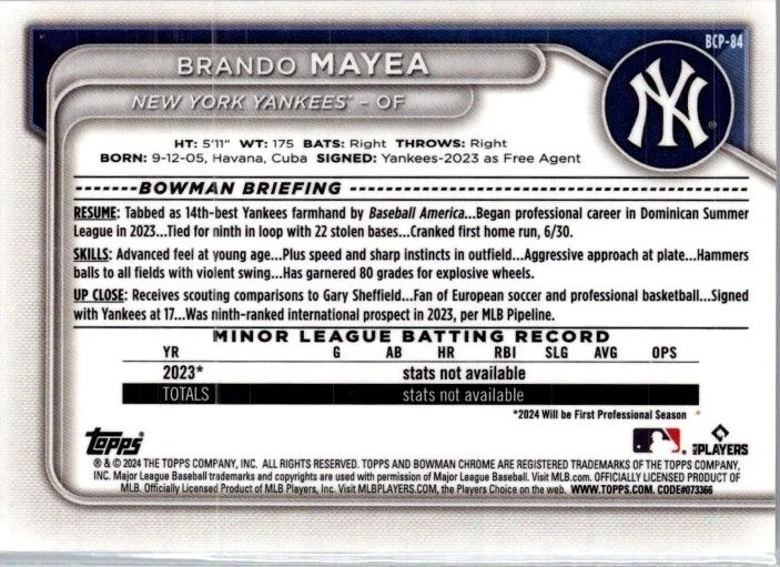 2024 Bowman Chrome BRANDO MAYEA #BCP-84 Mojo Refractor YANKEES - Image 2 of 2