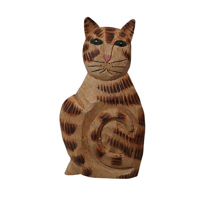 木製猫の彫刻 James Haddon James Haddon Wood Cat Hand Carved Sitting Signed Folk Art 1990s