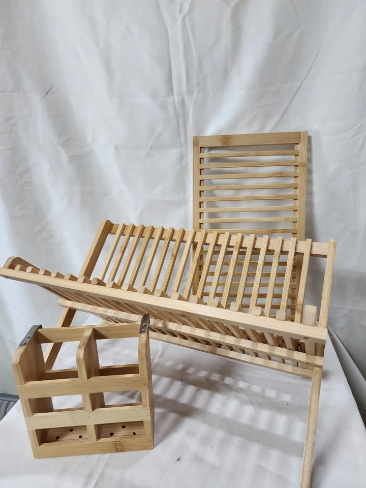 Worthyeah Bambú 3 Niveles Plegable Madera Platos Estante de Secado con Soporte para Utensilios Foto 4 de 4