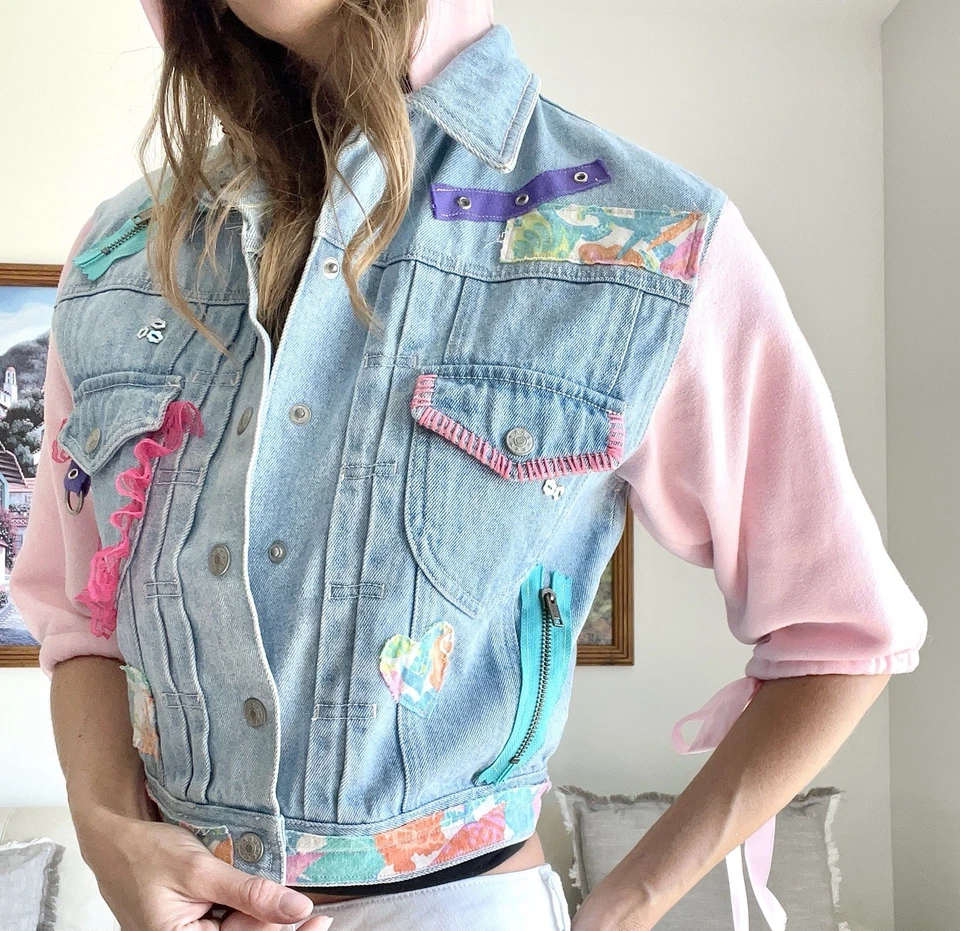 OOAK Demin Jacket Handmade Patchwork Design Lace Vintage Ariel Graphic Girls L - Image 4 of 4