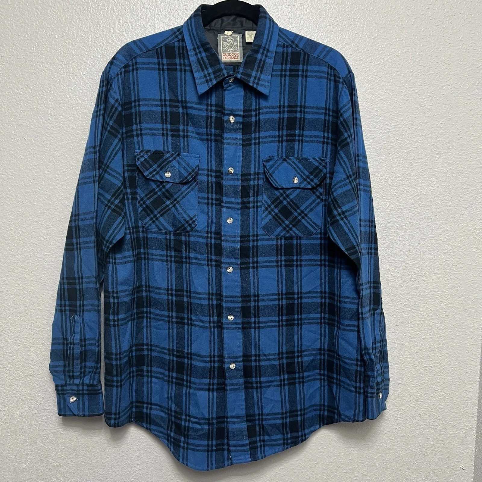 VTG Outdoor Exchange Blue Black Men's Tall L Acrylic Nylon Flannel Shirt