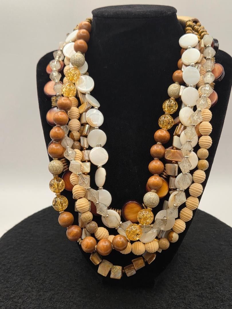 Beachy Boho Multi-Strand Beaded Necklace Neutral Colors Gold Tone