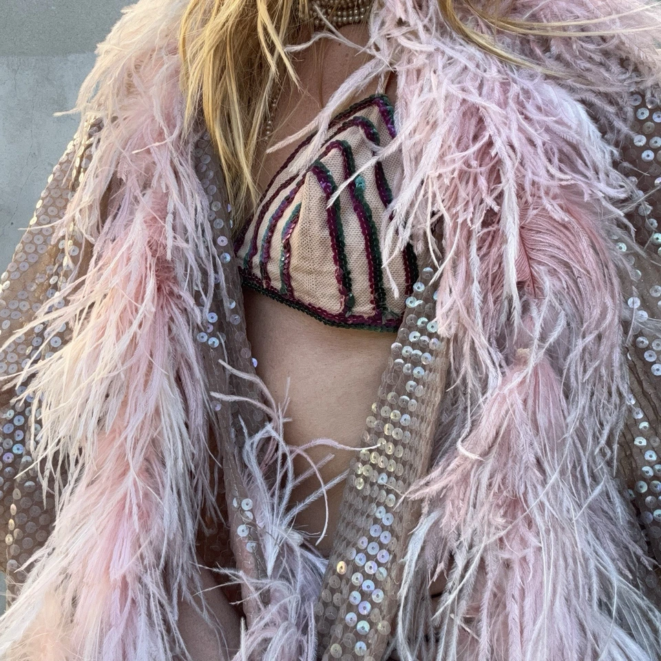 Vintage 1950s Pink Organza Sequin Cocoon Coat Feather Showgirl  Dress Jacket - Image 3 of 4