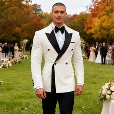 Fashion Groom Men's Suits Double Breasted Peak Lapel Jacket Black Pant USA Size