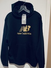 Image of New Balance Essentials Stacked Logo Pullover Hoodie in Black/Gold size M NWT