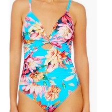La Blanca Blue Tropical Floral Twist Front One Piece Swimsuit Size 12 Sweetheart