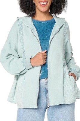 LOGO by Lori Goldstein Women's Zip Front Lace Trim Jacket Sea Glass