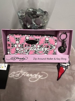 Ed Hardy Wallet Zip Around & Key Ring Pink Skull Bone & ED
