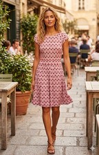 Tory Burch Women's Dress Pink Red Bird Print Pleated Viscose Cap Sleeve Sz XS