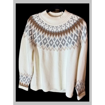 North Pole Trading Co Womens XL Fair Isle Knit Sweater Cream Grey Tan Mock Neck
