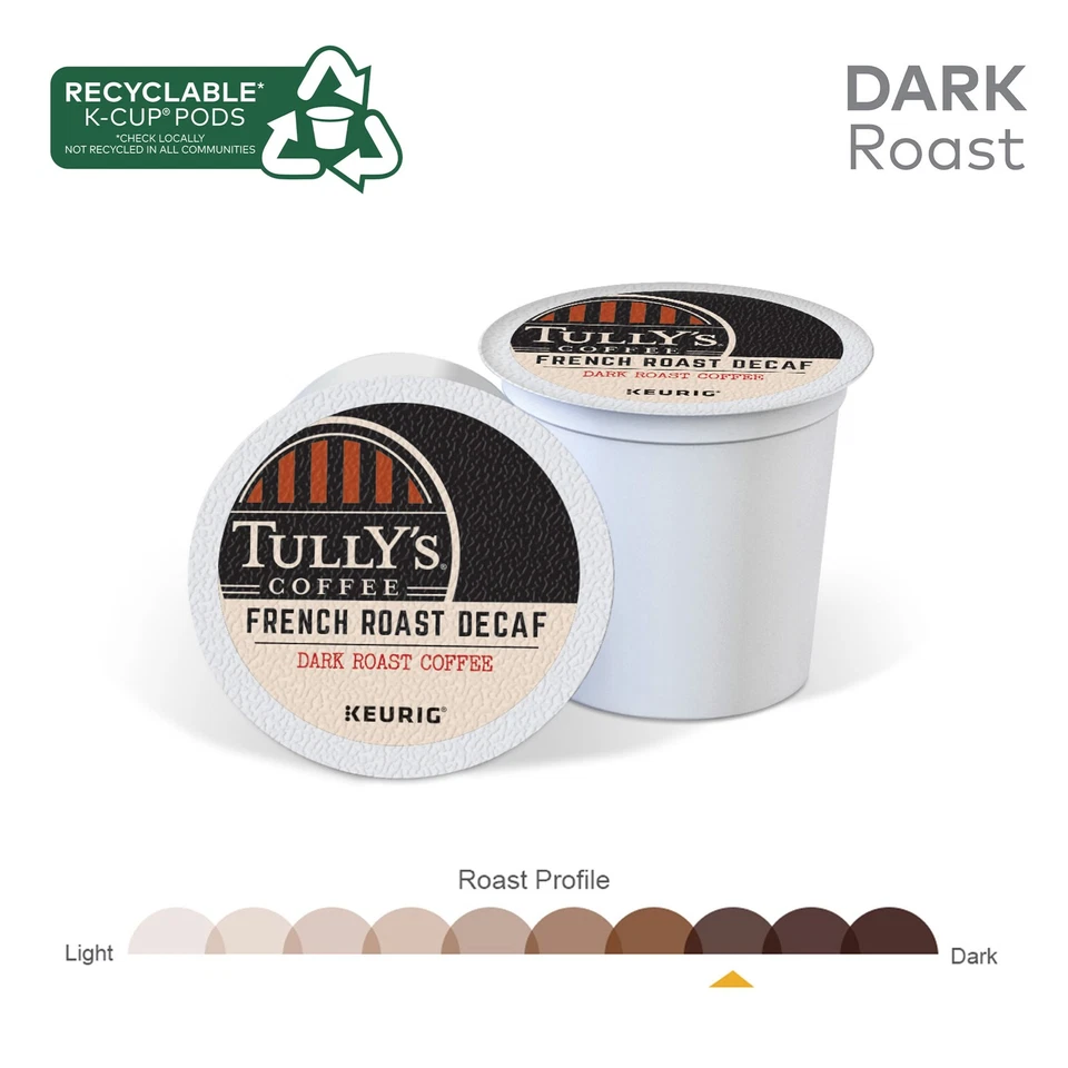 Tully's Coffee French Roast Decafeinado, Keurig K-Cup Pod, Tostado Oscuro, 96 unidades Foto 4 de 4