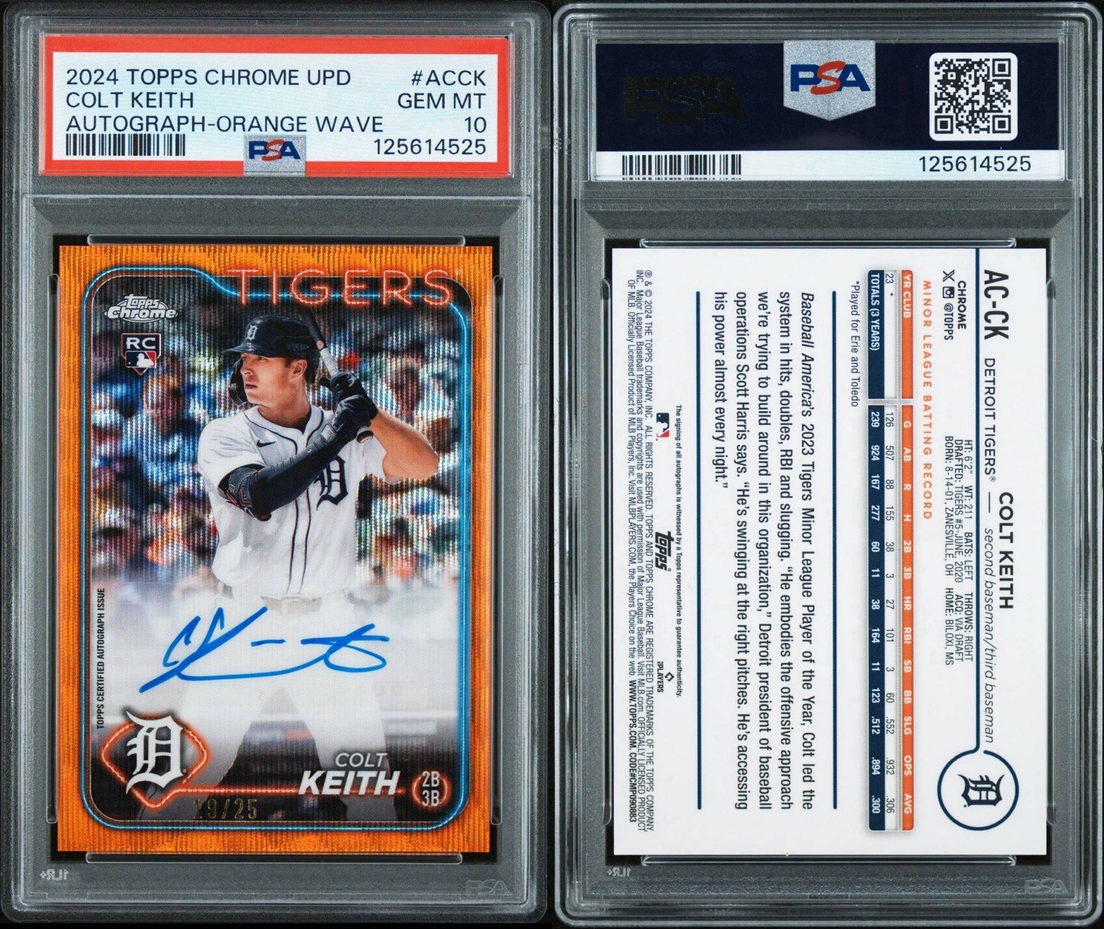 2024 TOPPS CHROME UPDATE BASEBALL AUTO ORANGE WAVE COLT KEITH RC /25 GEM PSA 10