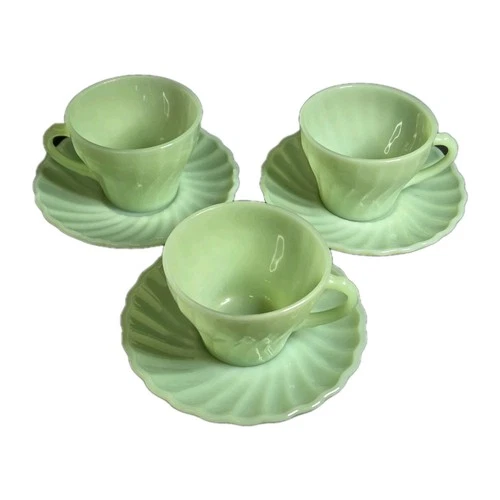Anchor Hocking Fire-King Jadeite Swirl Coffee Cups Saucers (3) Vintage USA