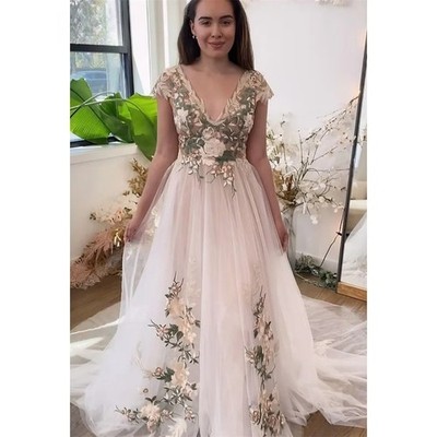 Elegant Floral Lace Wedding Dresses Cap Sleeves Tulle A Line Train Boho Gowns 