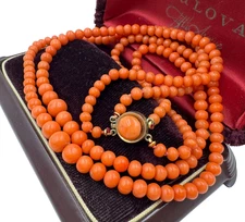 ANTIQUE VICTORIAN CORAL ITALY GRAND TOUR GRADUATED ROUND BEADS NECKLACE 16.5’’ L