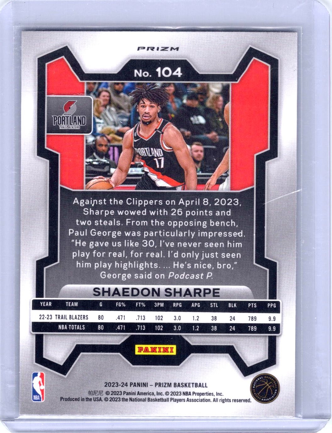 2023-24 Panini Prizm #104 Shaedon Sharpe Prizms Red Sparkle