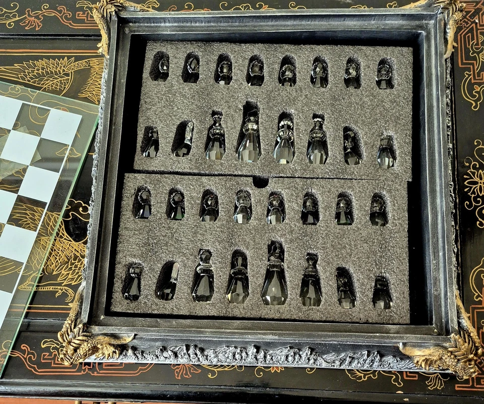 Crystal Cut Glass Chess Set 3" King 17" Dragon Custom Fit Storage Board Rare HTF - Image 3 of 4