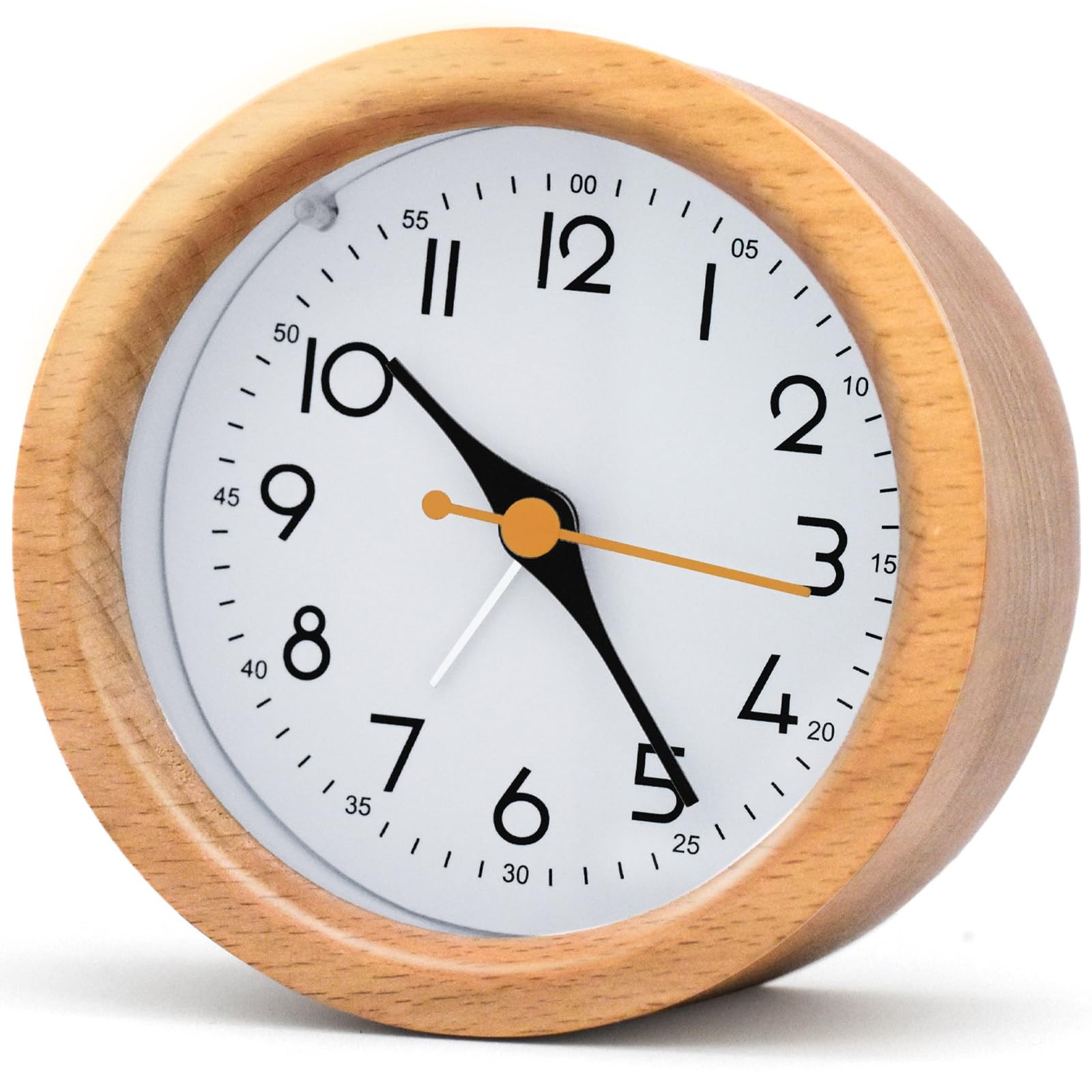 4 Inch Natural Wooden Analog Alarm Clock Soft Night Light Battery Non-Ticking