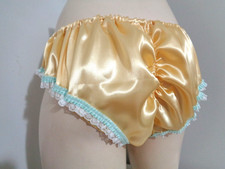 Adult sissy golden gathered back frilly men satin panties bloomer bikini 34-47