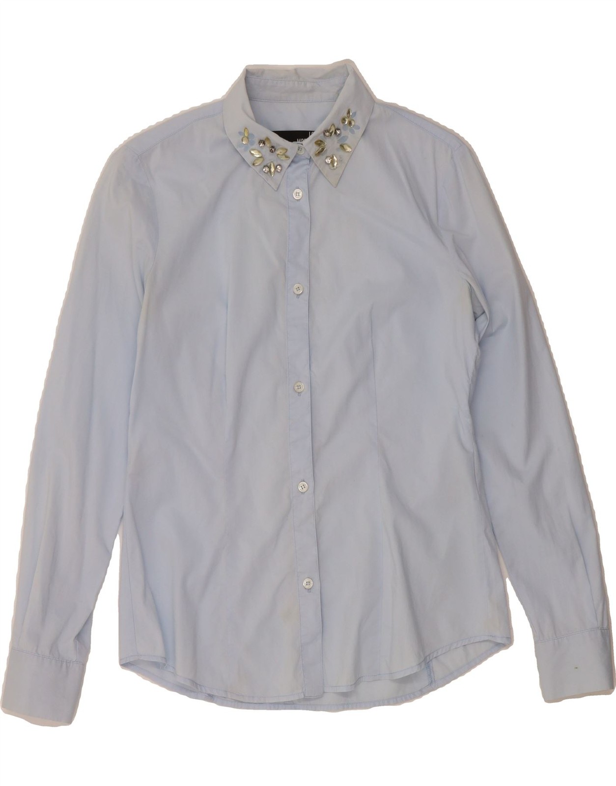 Camisa para mujer MOSCHINO UK 10 pequeña azul algodón DP23