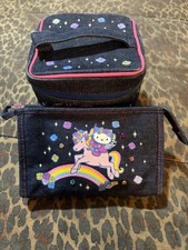 Vintage Sanrio Hello Kitty Rainbow Unicorn Rhinestone 2SET Denim Makeup Bags EUC