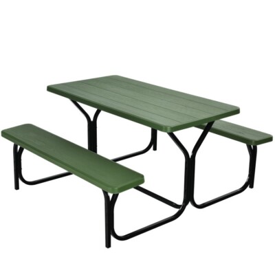 Patio Outdoor picnic Table & Bench Set Weather Resistant Heavy Duty w/Metal Base