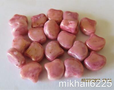 20 7.5 x 7.5 mm Czech Matubo Ginkgo Leaf Beads: Topaz/Pink Luster - Opaque White
