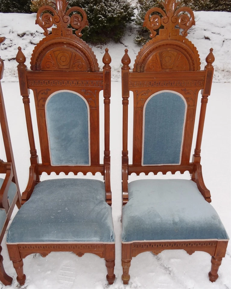 Sillas Catedral Renacimiento Gótico Antiguo Caoba Azul Terciopelo Castillo Comedor Foto 4 de 4