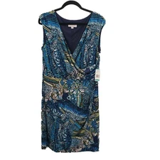 Kasper Sleeveless Sheath Dress Womens Size 16 Geometric Print Faux Wrap