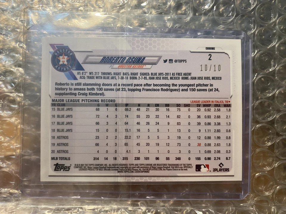 2021 Topps Chrome Sapphire Edition Roberto Osuna 10/10 - Image 4 of 4