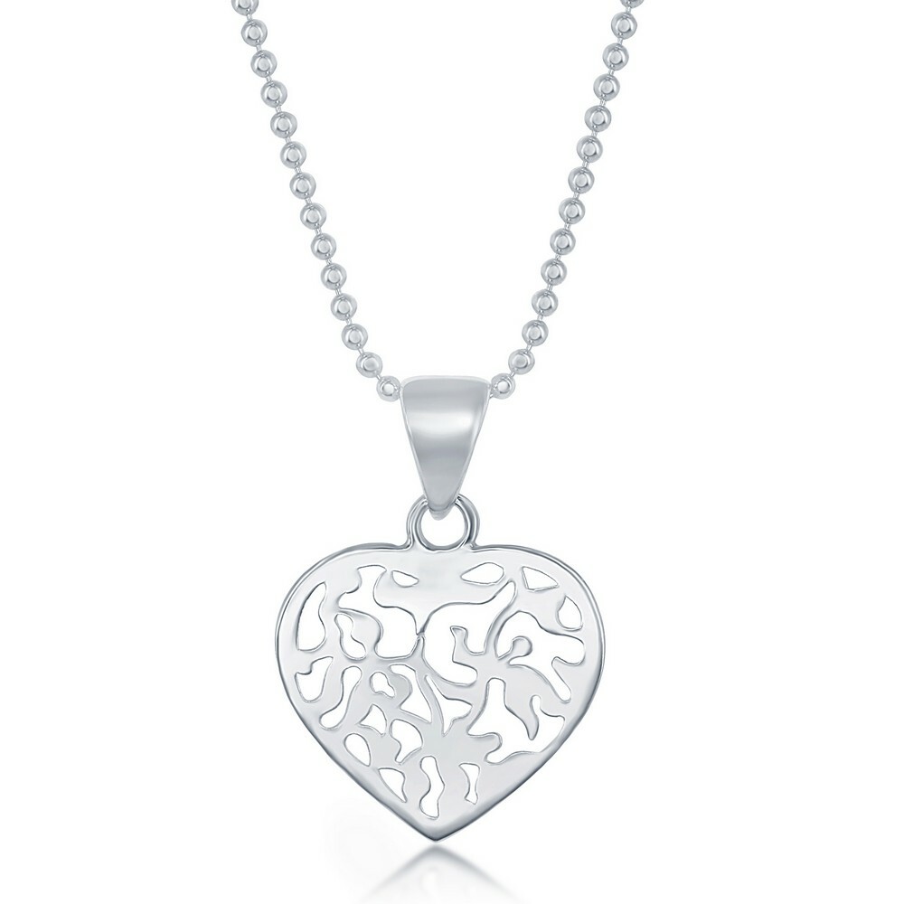 Sterling Silver 17 Inch Diamond Cut Bead Chain With Flat Heart