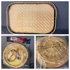 Vintage Lot of Wicker Bamboo Basket Platter & 8 Wall Plates Boho Farmhouse Lot