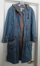 Forenza Coat Jacket Wash Denim Stadium Car Plaid Lining Toggles Hood Blue M Vtg