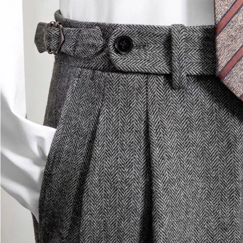 Retro Men's Tweed Herringbone Pants Woolen Casual Business Trousers Slim Fit UK - Picture 2 of 23