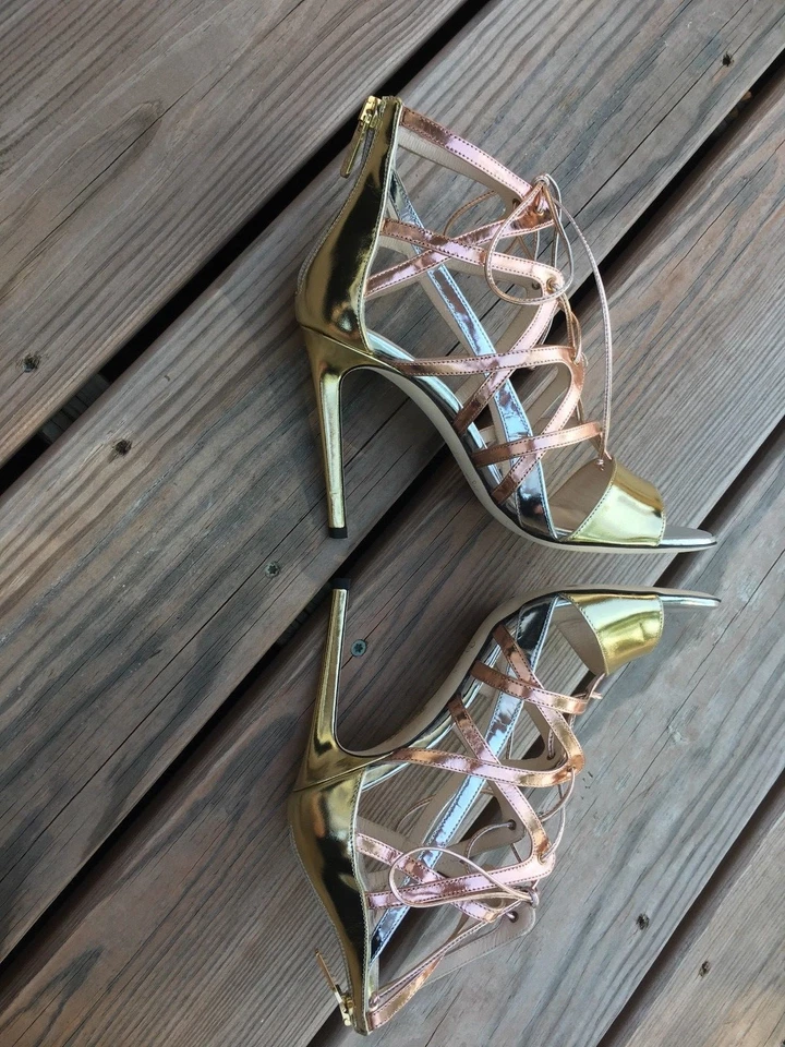 Womens ALEJANDRO INGELMO Size 36 Boomerang Metallic Strappy Lace Up Sandal Heels - Image 3 of 4