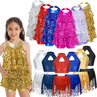 iEFiEL Girls Jazz Latin Ballet Costume Sequin Dance Performance Dress UK