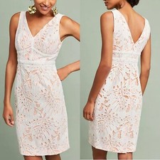 Anthropologie Dress Eyelet Lace Overlay Pink Maeve Sz. 8 White Tropical