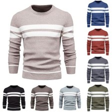 Men Sweater Crewneck Warm Classic Pullover Striped Casual Slim Fit Knitted Top