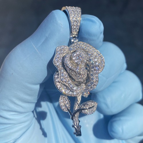 Real 925 Sterling Silver Rose Flower Iced Pendant CZ Hip Hop Charm Flooded Out - Picture 3 of 7