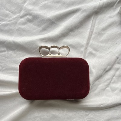 Burgundy Rhinestone Knuckle Ring Handle Clutch w/ Detachable Gold Chain Strap