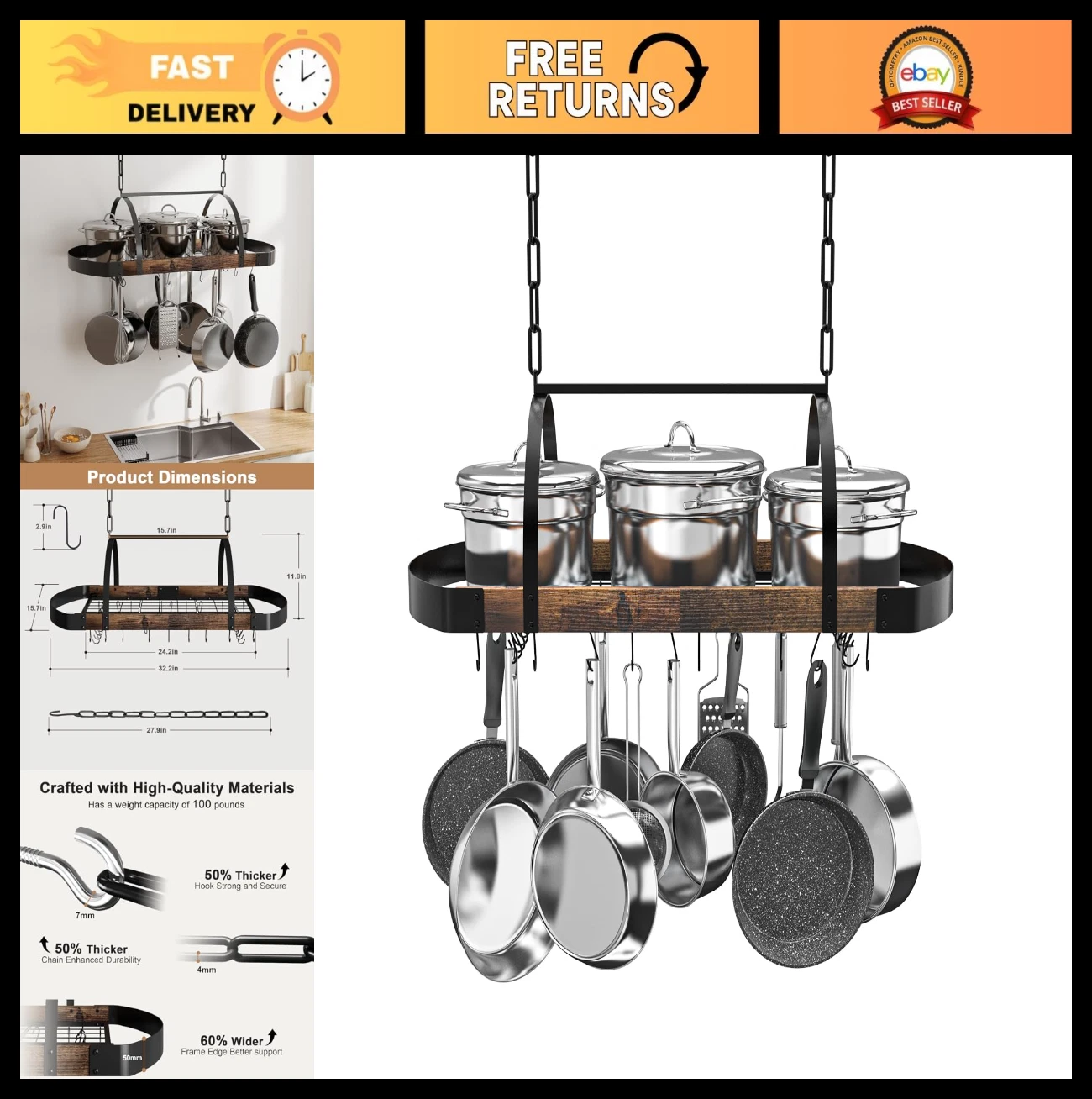 32" Ceiling Hanging Pot Rack - Space-Saving Kitchen Organizer with 16 Hooks, Met