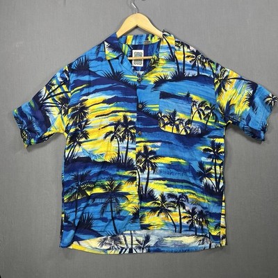 Ocean Current Vintage Original Hawaiian Men s L Blue Shirt Palms Sunset Aloha
