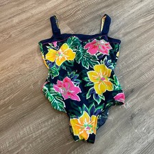 Maillot Baltex Womens One Piece Swimsuit Size 14 C/D Navy Floral Nylon Vintage