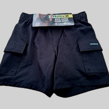 NWT Hurley Boys Sz M 8 Swim Trunks Board Shorts Black Cargo Pockets UPF 50 NEW