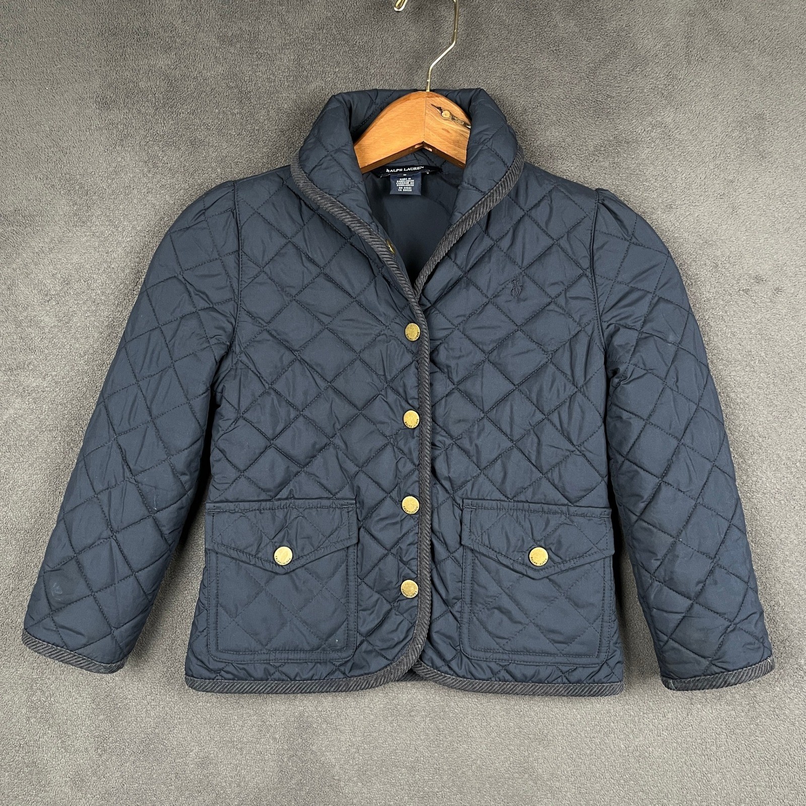 Ralph Lauren Quilted Barn Jacket Girls 5 Navy Blue Corduroy Trim Snap Front