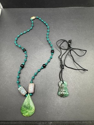 Vtg Jade Pendant Buddha Black Cord & Agate Green Stone Beaded Necklace Lot of 2