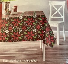 Holiday Time Vinyl Peva Tablecloth Non-Woven Back Poinsettia 60"x 84 NIP