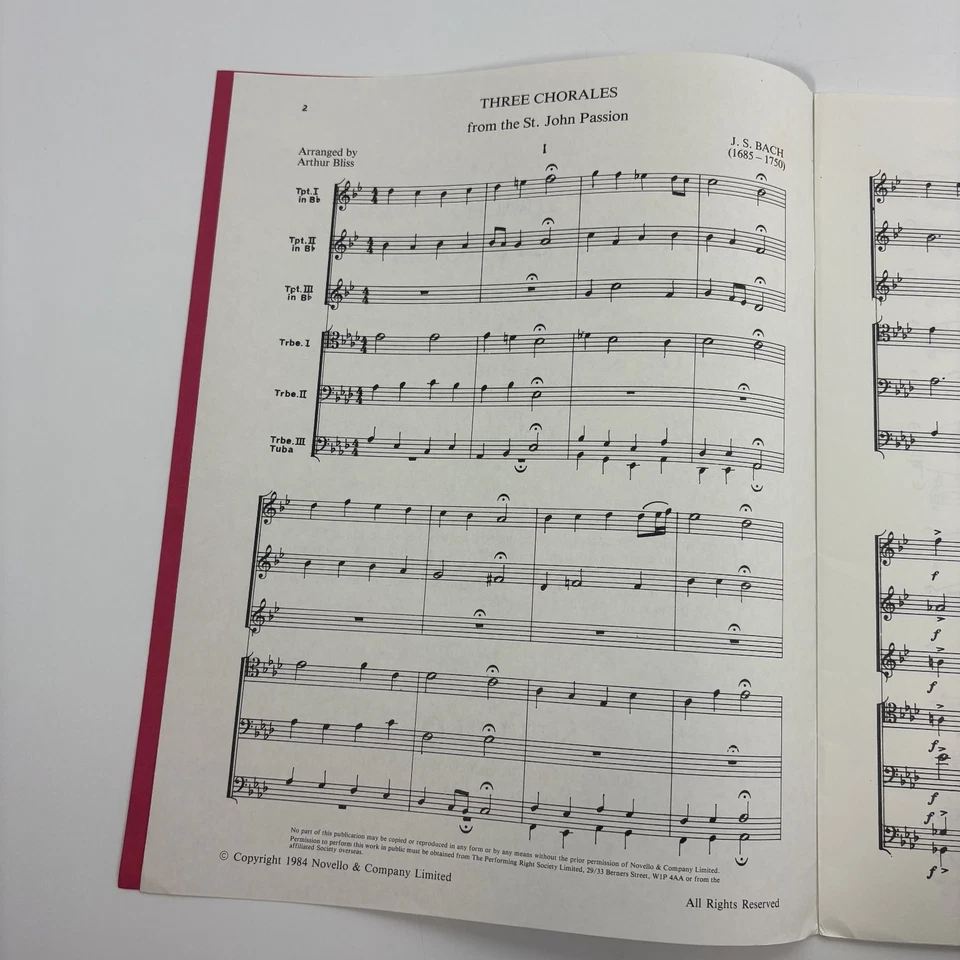 J.S. Bach Three Chorales Brass Ensemble Music Score & Parts Arthur Bliss Novello - Image 4 of 4